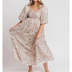 Maxi Dress with Pleats and Bow Detail in Brown and Blue Floral